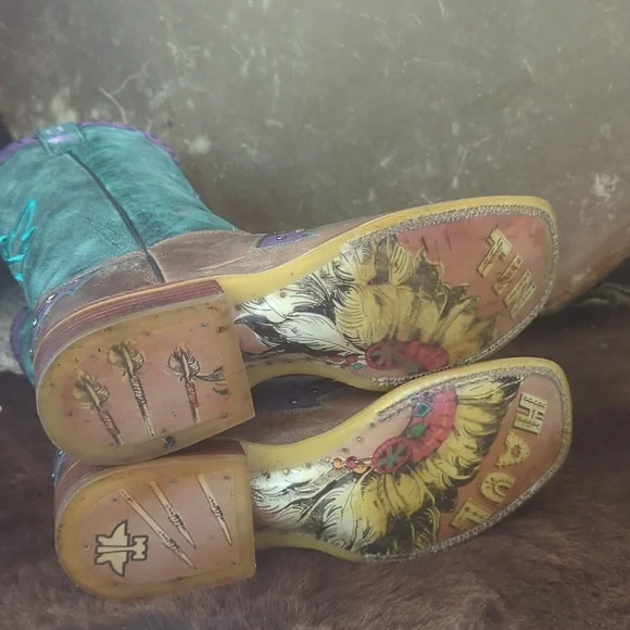 TIN HAUL ladies "WILD ROSE" cowboy boots brown/teal/purple leather Arrows sz 8 - Picture 14 of 16